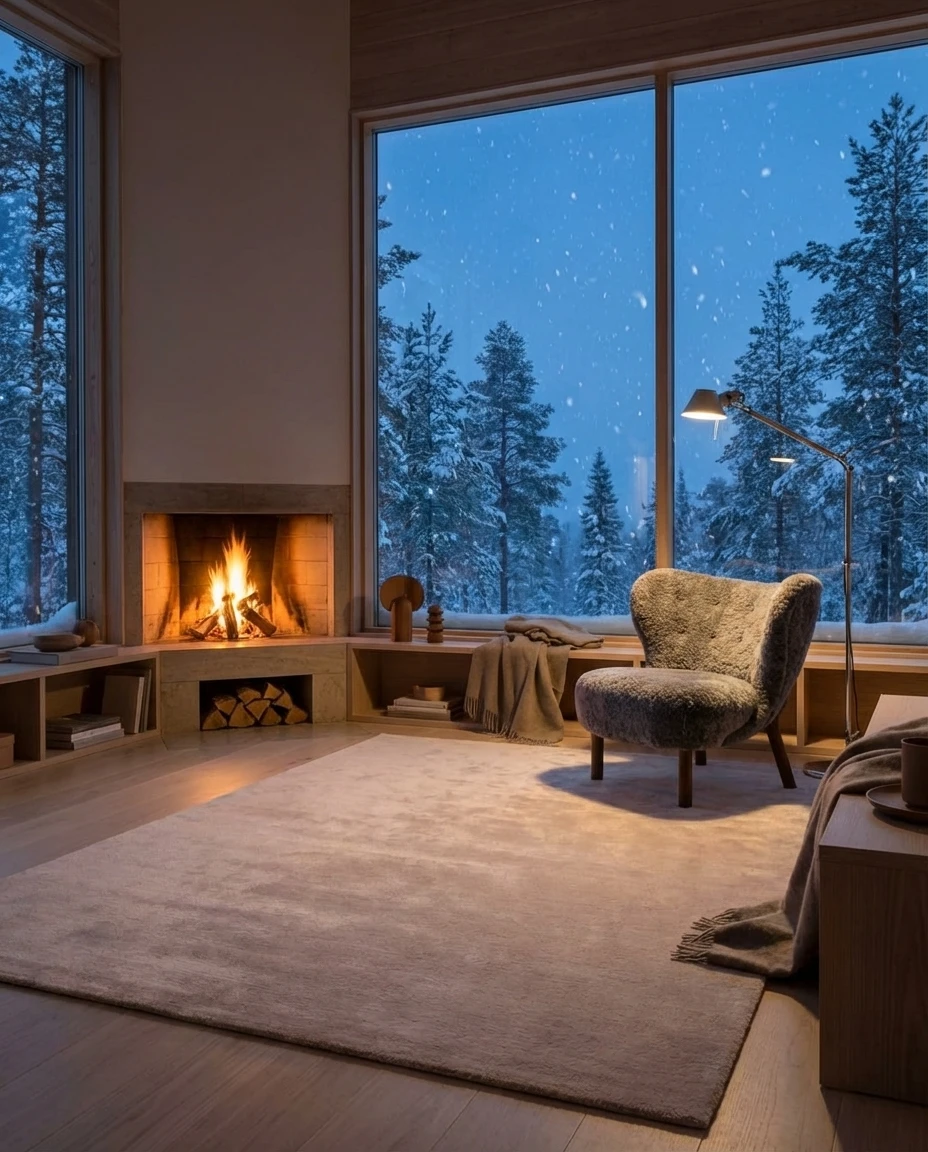 Cashmere Latte rug in a layered living room setting with warm, natural lighting